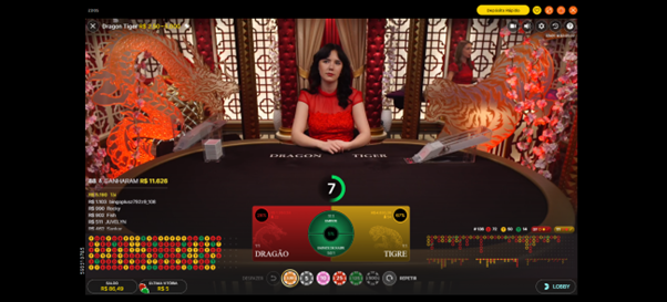 Interface do Dragon Tiger ao vivo